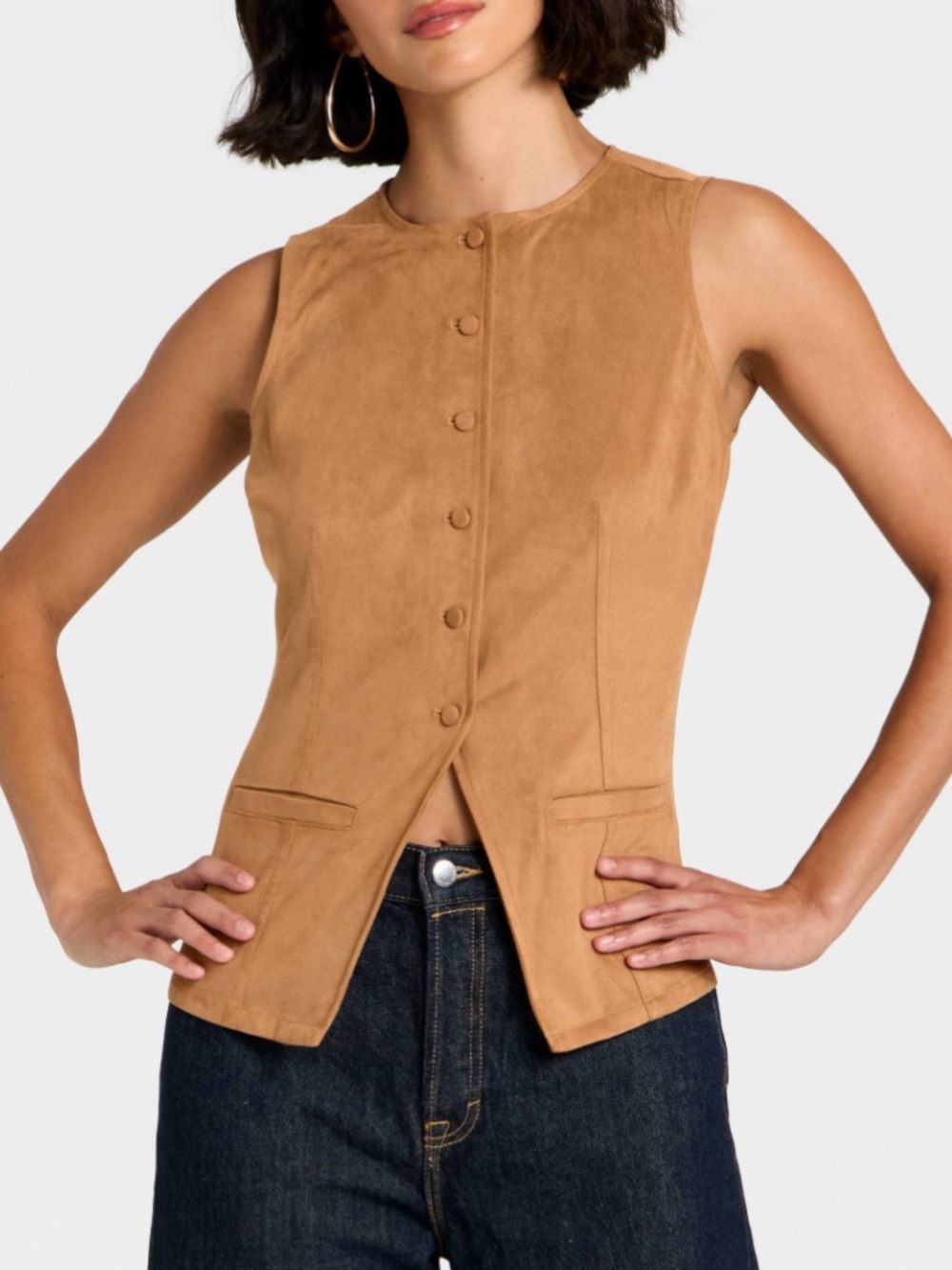 Universal Thread Faux Suede Button Front Vest Camel Caramel Casual Fall EUC S
